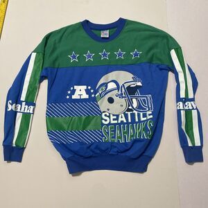 Vintage 80s Seattle Seahawks All Over Print Graphic Crewneck Sweatshirt Size L